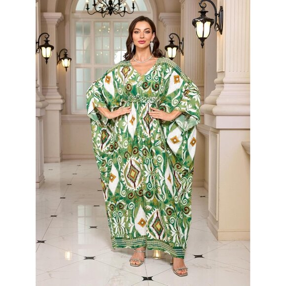 Women's 1 Green 100% Polyester V Neck Summer Beach Dresses Cover Ups Caftan Maxi - Picture 4 of 6